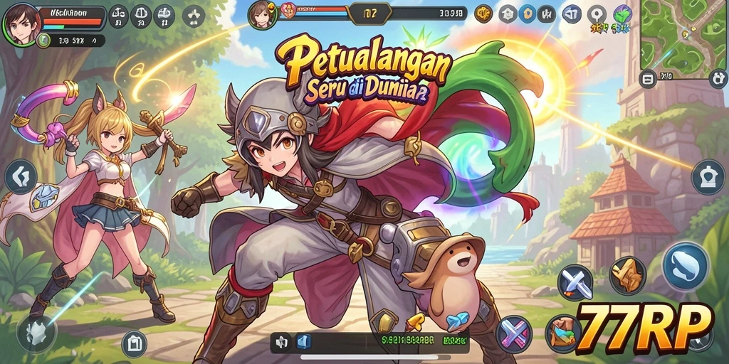 Tangkapan layar utama dari gameplay 77RP menampilkan pertarungan karakter Anime yang seru.