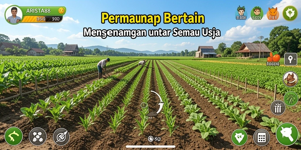 Screenshot gameplay ARISTA88 yang menampilkan ladang yang indah dan tanaman yang subur.