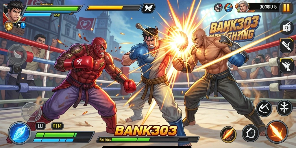 Screenshot BANK303 menampilkan aksi pertarungan yang spektakuler dan dinamis.
