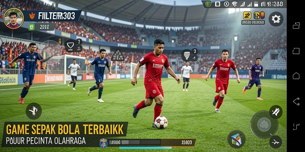 Screenshot utama FILTER303 menampilkan aksi mendebarkan dalam pertandingan sepak bola.
