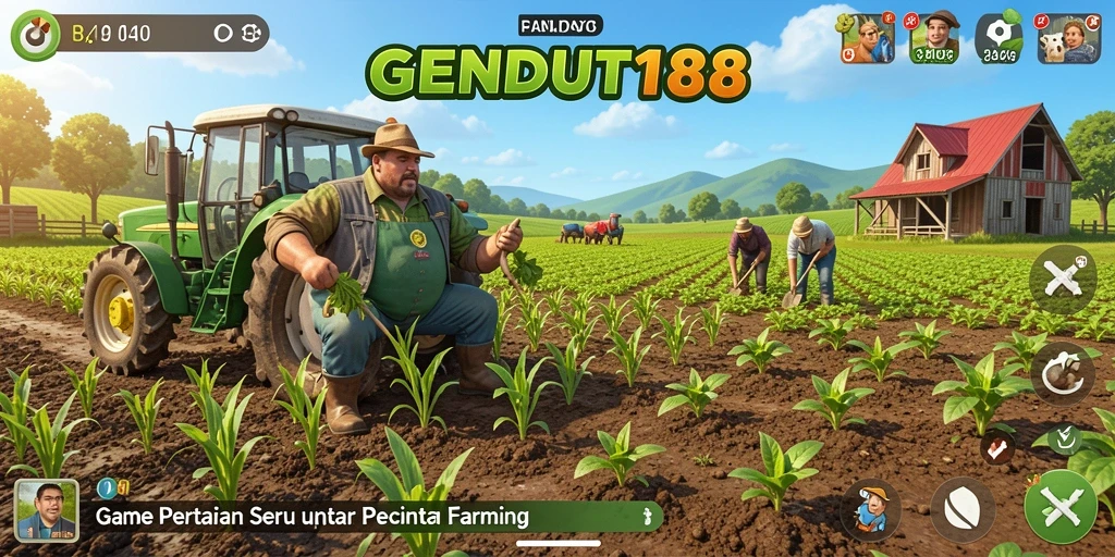 Screenshot gameplay GENDUT188 menunjukkan ladang yang subur dan hewan ternak yang sehat.