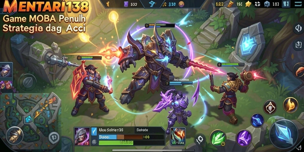 Tampilan gameplay menegangkan di MENTARI138 dengan aksi karakter MOBA.