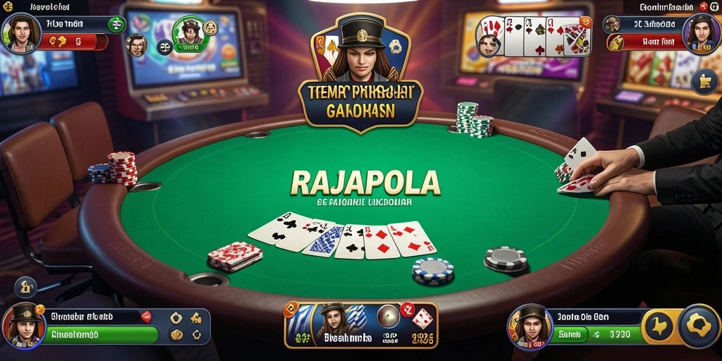 Screenshot utama RAJAPOLA menampilkan aksi seru di meja Poker.