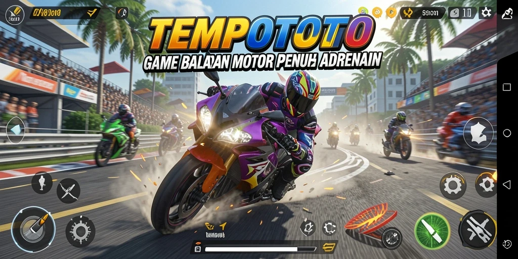 Tampilan gameplay seru di TEMPOTOTO dengan balapan motor yang cepat.